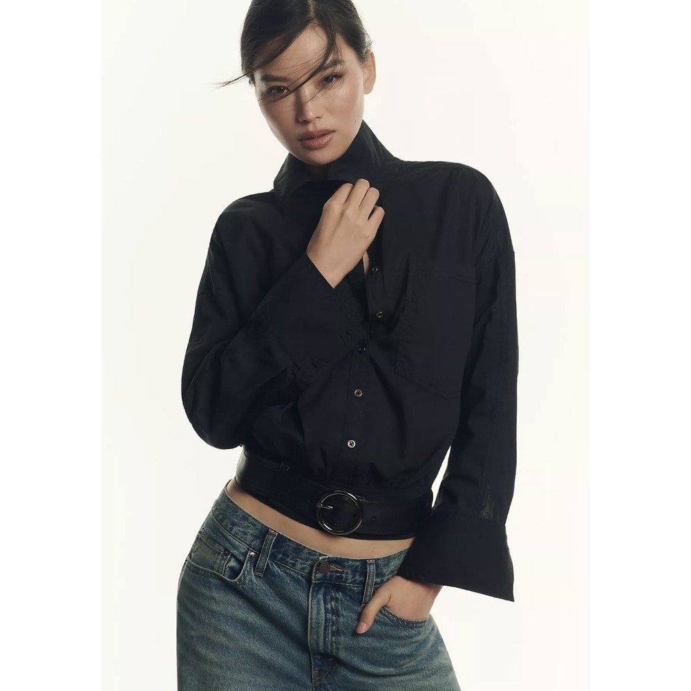 Anthropologie Pilcro Long-Sleeve Belt-Waist Blouse Womens M Edgy Safari Minimal